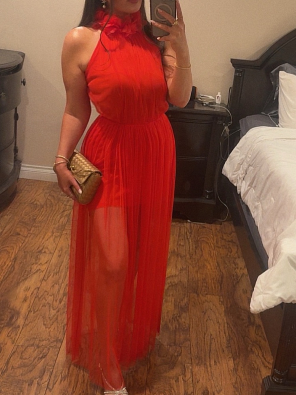 Elegant Red Halter Maxi Dress with Sheer Overlay